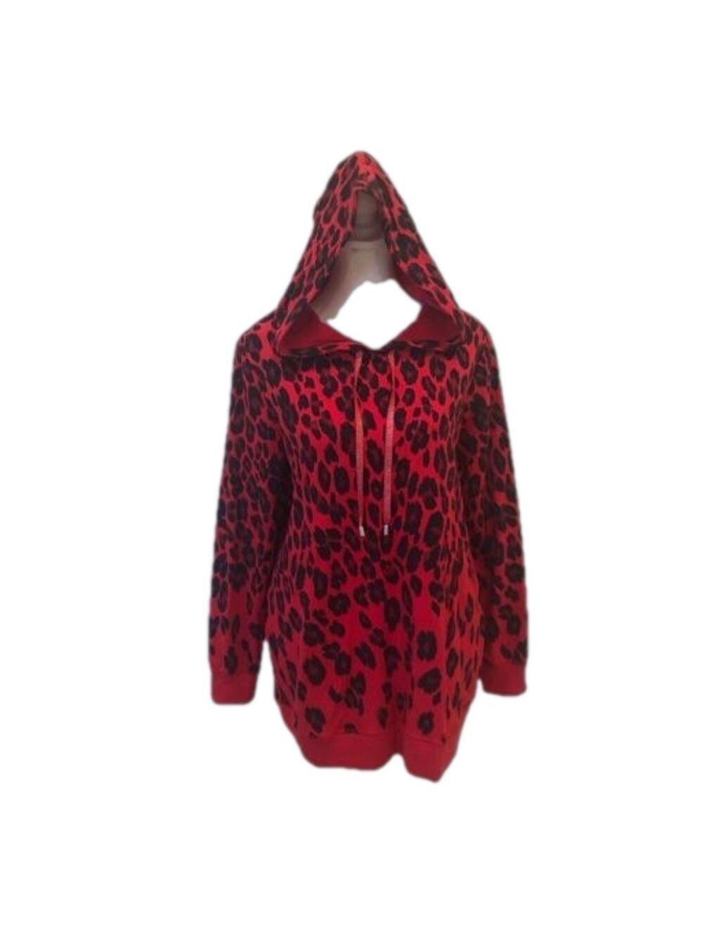 Chico’s Size 1 animal print hooded lightweight sweatshirt. Red black pockets